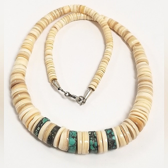 VINTAGE SANTO DOMINGO HEISHI GRADUATED TURQUOISE SHELL NECKLACE - Picture 6 of 14